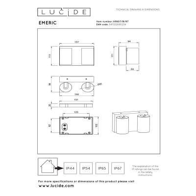 EMERIC Kinkiet LED – CCT – 2x9W 2700K/4000K – IP65 69807/18/97 LUCIDE